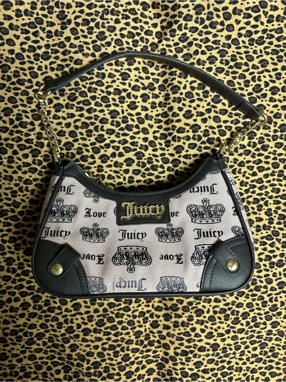 Juicy Couture Cream and Black Logo Shoulder Bag with Gold Hardware